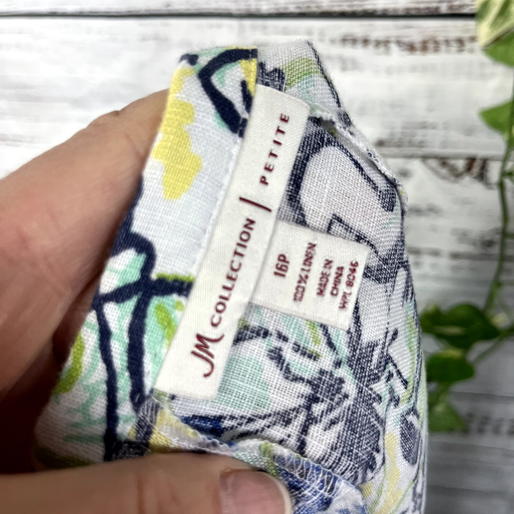 JM Collection Skirt 16 Petite Blue Green Yellow Floral Linen Calf Midi Hawaii - Picture 13 of 13